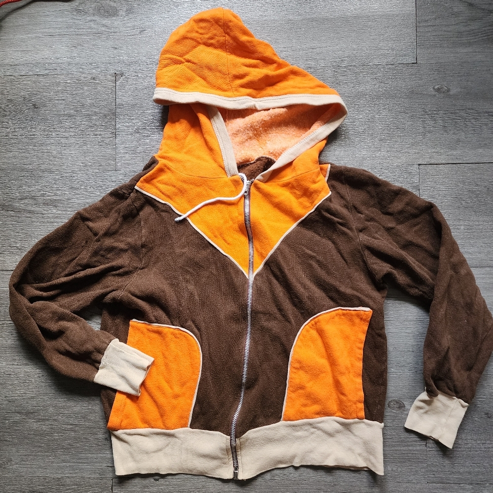 Vintage 70s Multicolor Zip Up Hoodie Sweatshirt Brown Orange Tan Size Small